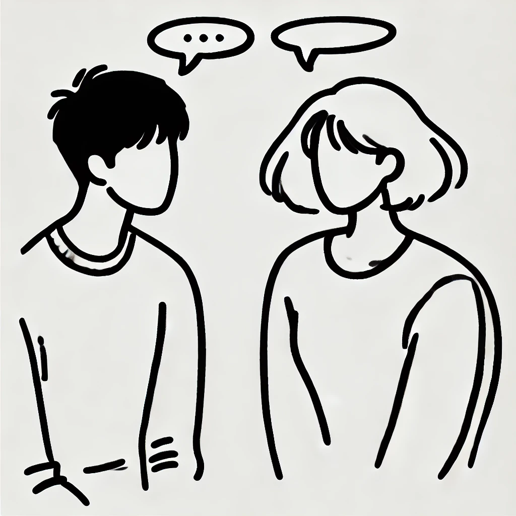 Dall·e 2024 11 07 07.30.44 A Simple, Line Art Style Sketch Of Two People Having A Conversation, With Speech Bubbles Above Each Person. The Sketch Is Minimalist, Drawn In Black O